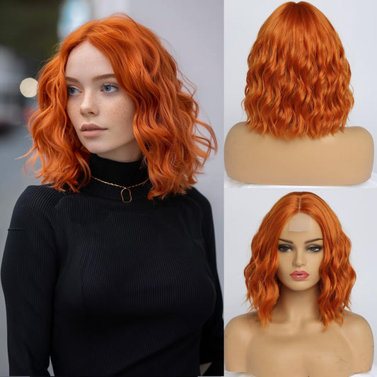 TRANSPARENCY KNOT Short Wavy Copper Red Wigs for Women 14 Inch Middle Part Shoulder Length Pastel Orange Bob Wavy Wig Curly Wavy Synthetic Cosplay Wig for Girl Colorful Costume Wigs