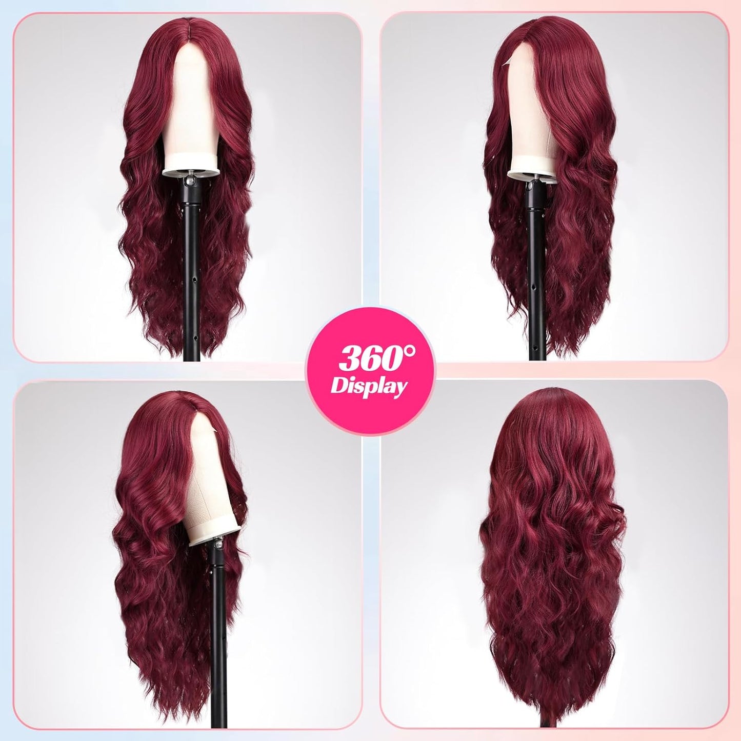 MONOTOP HAIR Long Wine Red Wavy Wig for Women Lace Front Wigs Natural Looking 26 Inch Middle Part Curly Wig Heat Resistant Synthetic Wigs for Daily Party Use