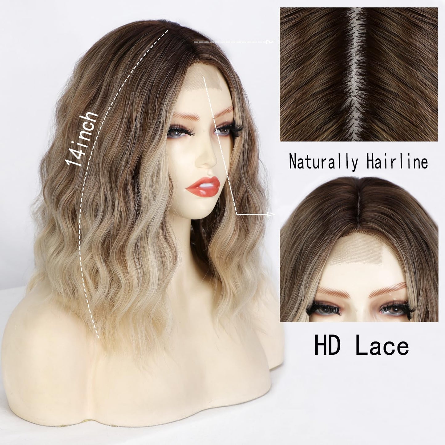 CURTAIN BANG Short Ombre Blonde Wigs for Women 14 Inch Wavy Lace Hairline Middle Part Wig Shoulder Length Synthetic Fiber Wig for Daily Party Use