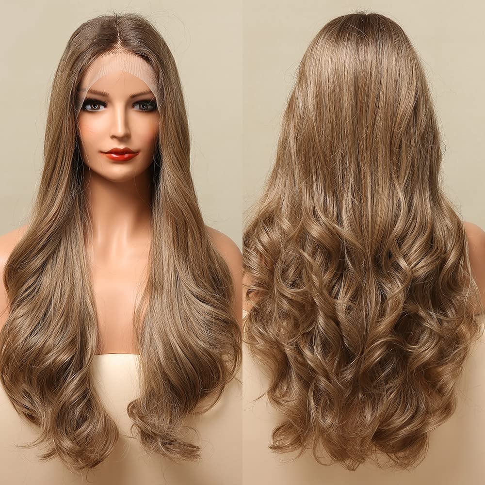 KNOT-FREE Long Ash Blonde Lace Front Wig for Women, 25 Inch Natural Wavy Daily Hair Synthetic Lace Wigs Middle Part,Hand Tied/Longlife/Lightweight