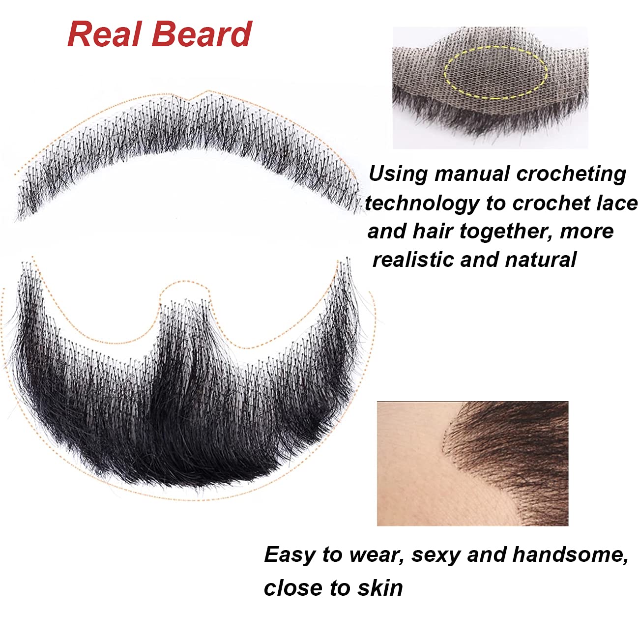 HIGH VERTEX Fake Mustache 100％ Human Hair Face Beard for Adults Men Realistic Makeup Lace Man Beards Black