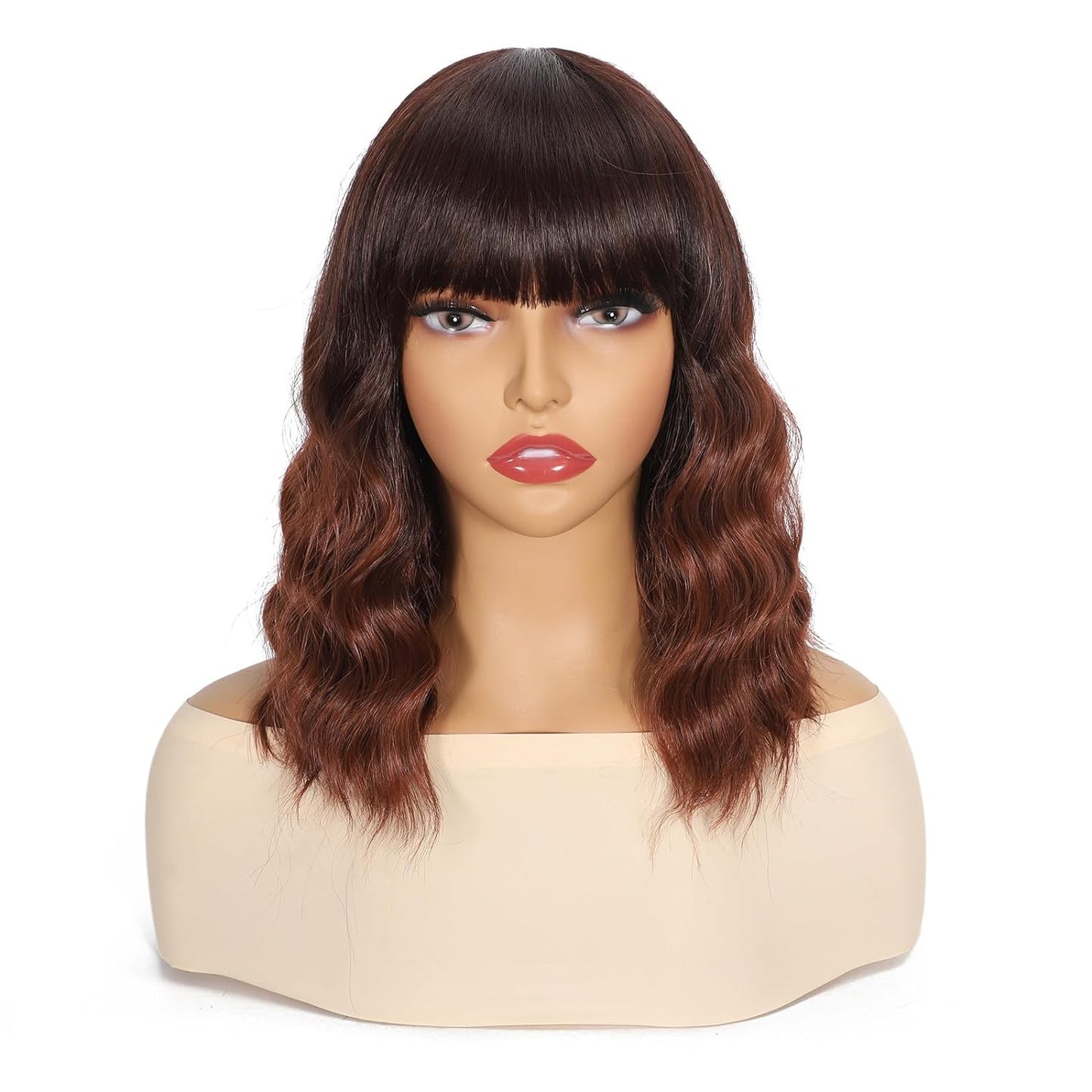 CURTAIN NBANG Short Wig With Bangs For Women,Synthetic Cosplay Bob Wigs,Curly Hair Wigs For Daily Party Use,Natural Looking Heat Resistant Shoulder Length Wig(Ombre Dark Copper)