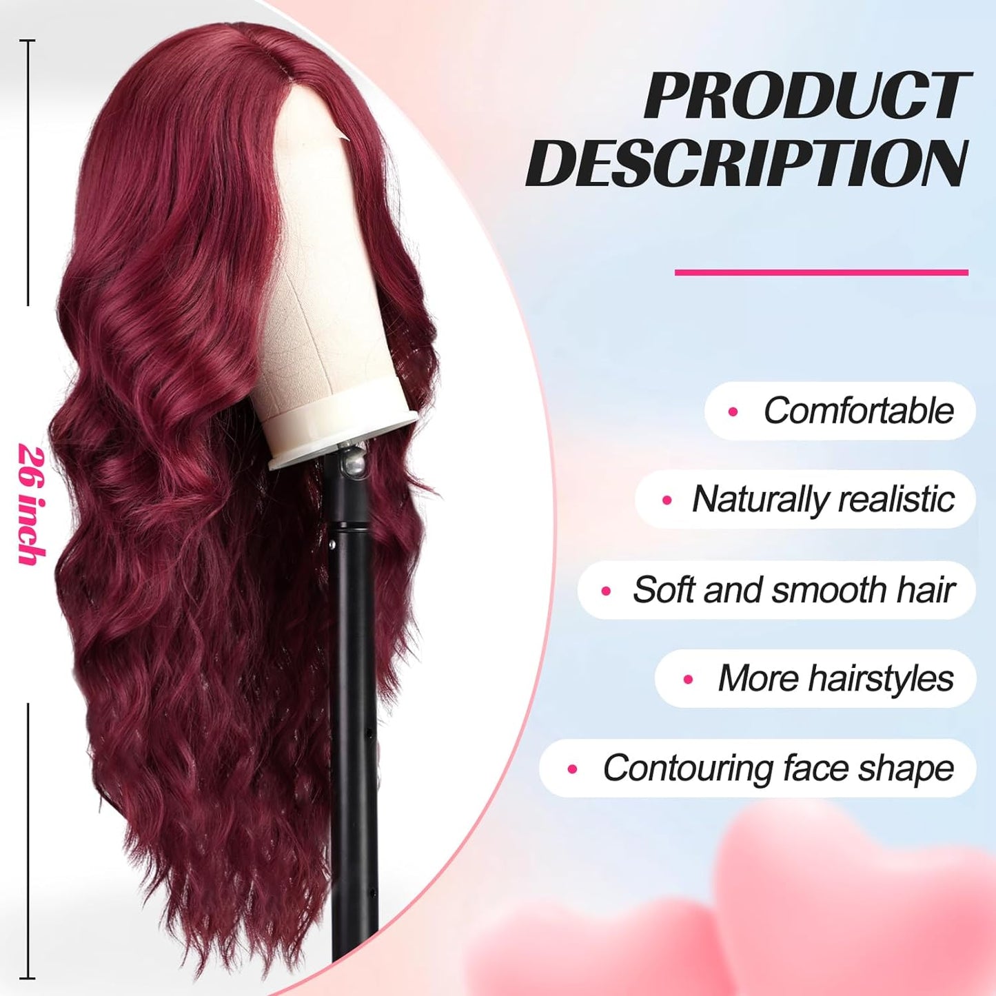 MONOTOP HAIR Long Wine Red Wavy Wig for Women Lace Front Wigs Natural Looking 26 Inch Middle Part Curly Wig Heat Resistant Synthetic Wigs for Daily Party Use