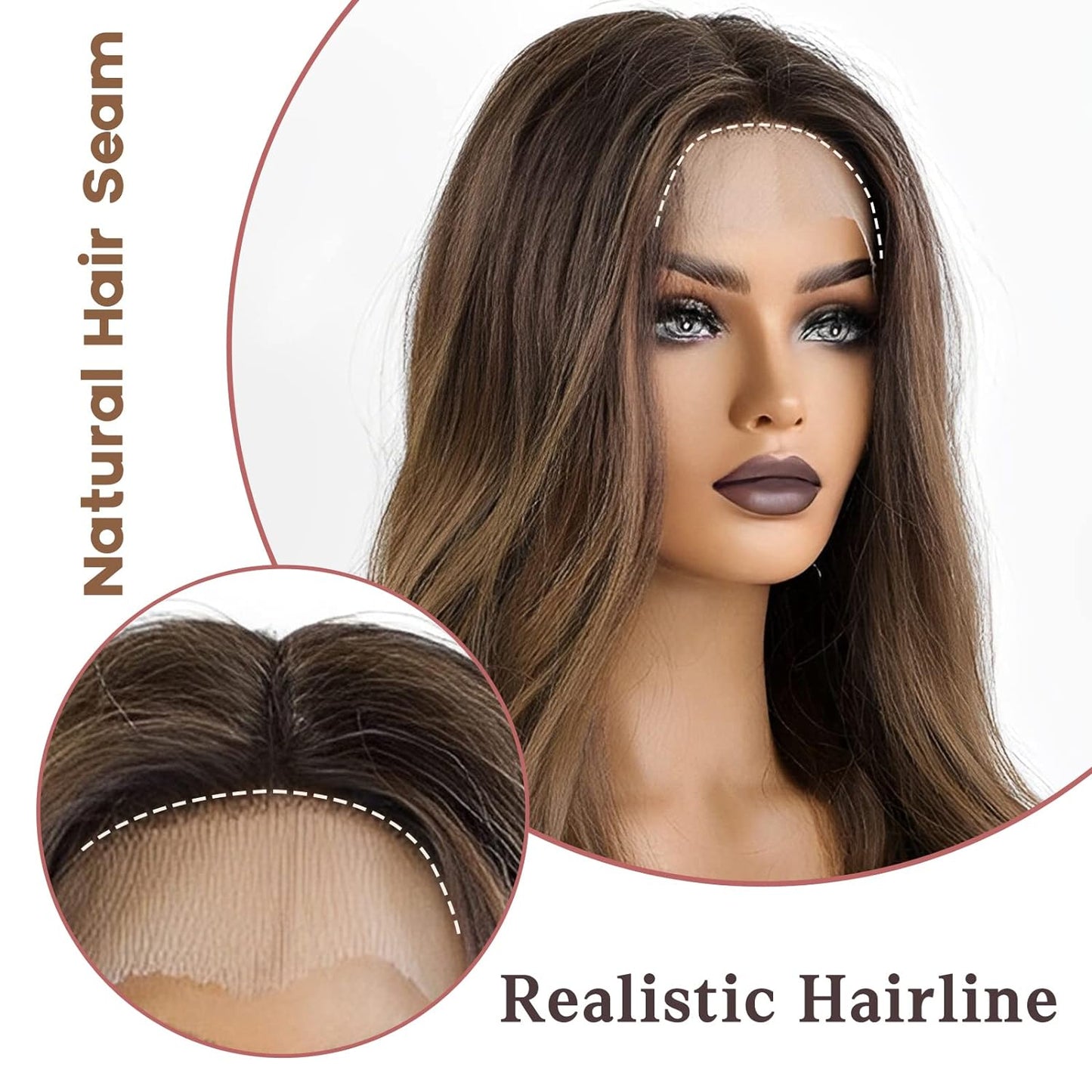 KNOT-FREE Long Brown Lace Front Wig for Women, 25 Inch Natural Hair Wavy Synthetic Wigs Middle Part Daily Hair Hand Tied/Longlife/Lightweight