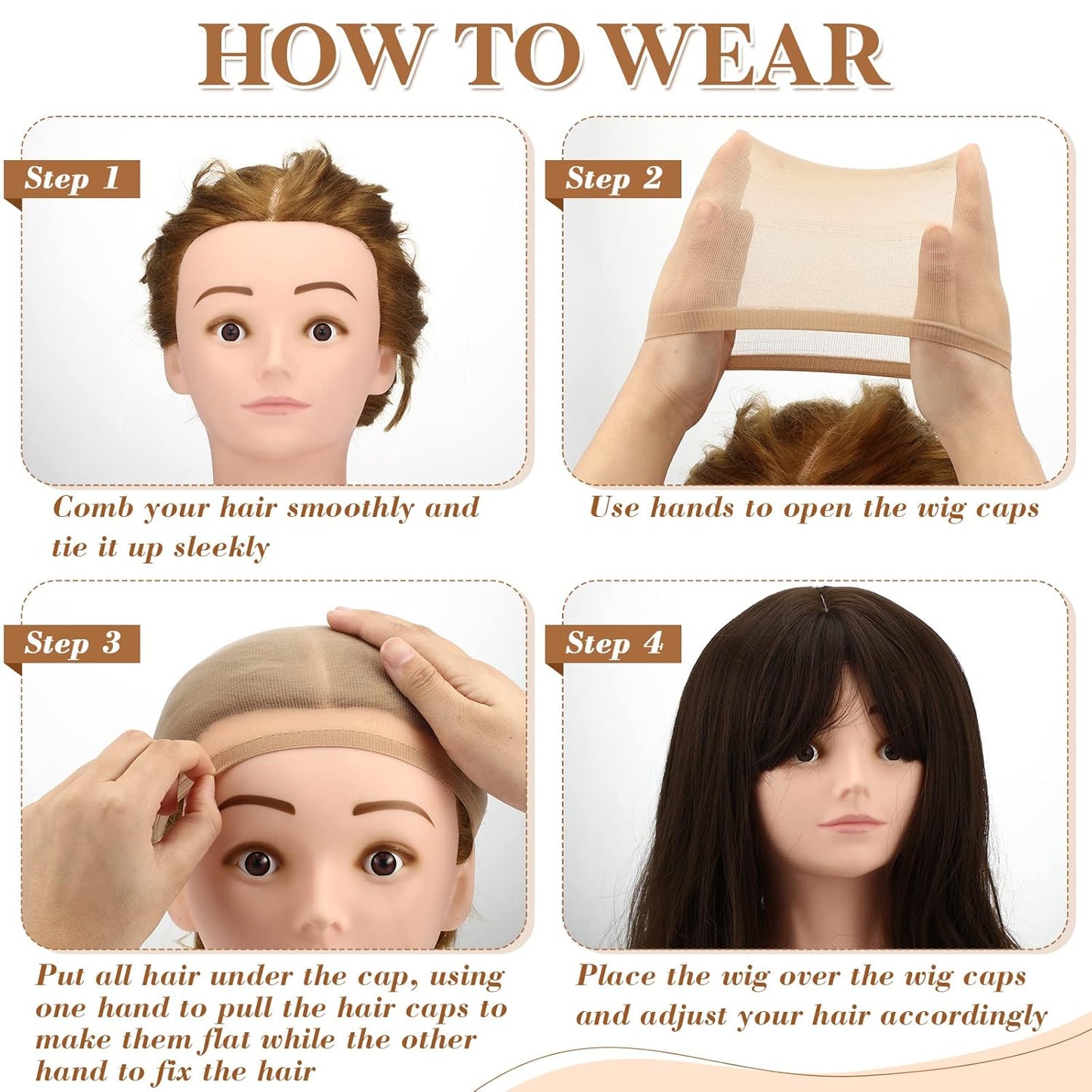 MONOTOP HAIR 200 Pcs Wig Caps Nylon Stocking Caps Bulk of Wig Caps Elastic Thin Head Wig Accessories for Women Men Halloween Hair Decorations, Brown and Light Brown