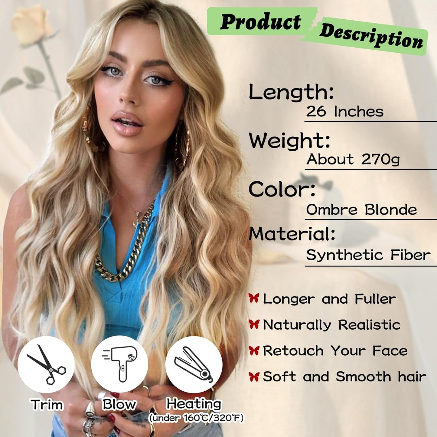 HAIRCUBE Long Ombre Blonde Wavy Wig for Women Synthetic Curly Middle Part Wig Natural Looking Heat Resistant Fibre for Daily Party Use 26 Inch (Ombre Blonde)