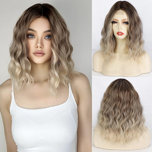 CURTAIN BANG Short Ombre Blonde Wigs for Women 14 Inch Wavy Lace Hairline Middle Part Wig Shoulder Length Synthetic Fiber Wig for Daily Party Use