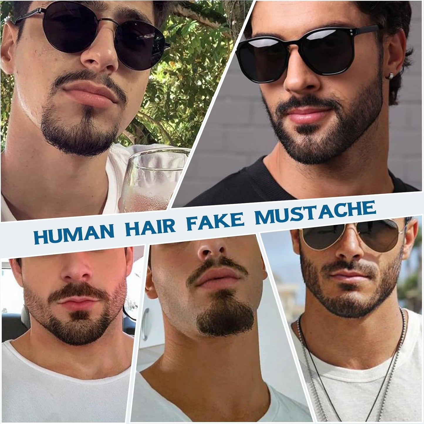 HIGH VERTEX 100% Human Hair Full Hand Tied Lace Fake Mustache Goatee Human Hair Fake Beard Realistic Makeup for Drama/Party/Entertainment/Movie Prop for Halloween Funny Cosplay Costume Party