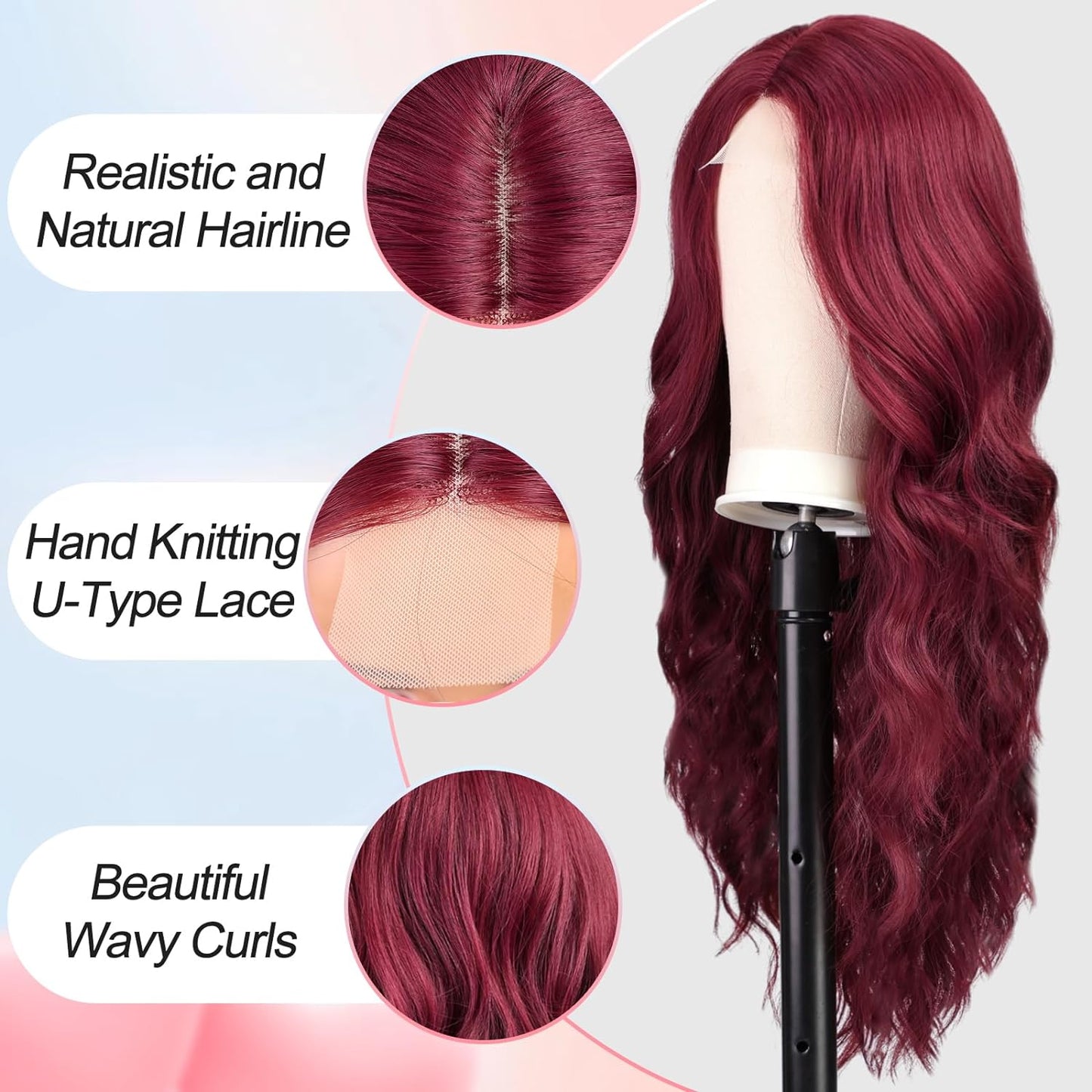 MONOTOP HAIR Long Wine Red Wavy Wig for Women Lace Front Wigs Natural Looking 26 Inch Middle Part Curly Wig Heat Resistant Synthetic Wigs for Daily Party Use