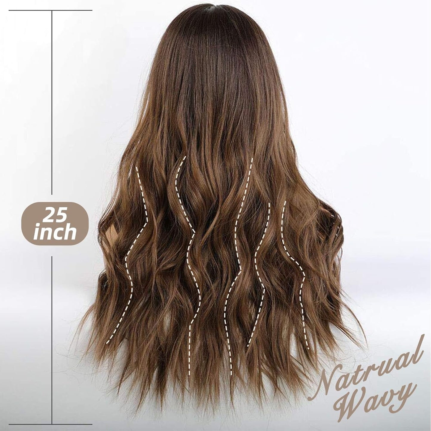 KNOT-FREE Long Brown Lace Front Wig for Women, 25 Inch Natural Hair Wavy Synthetic Wigs Middle Part Daily Hair Hand Tied/Longlife/Lightweight