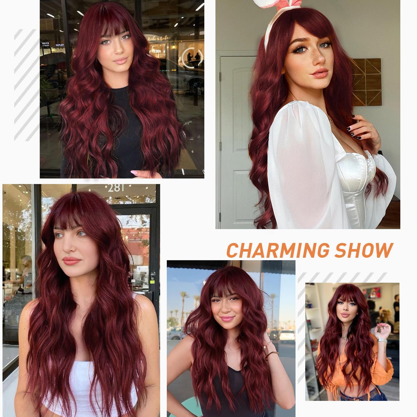 MONOTOP HAIR  Wine Red Wig with Bangs Long Wavy Wigs for Women Curly Synthetic Heat Resistant Fibre Burgundy Wigs for Girls Daily Party Use 26 Inches