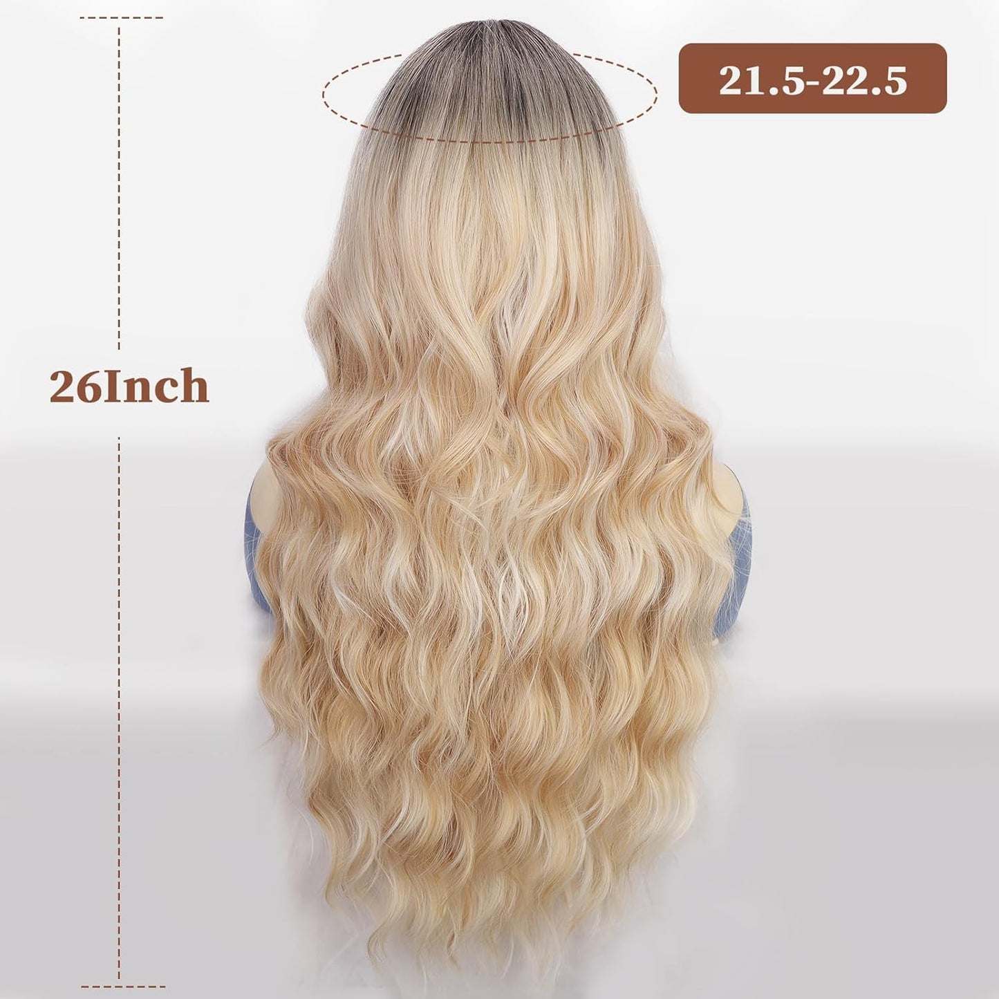 BYEBYE KNOT Ombre Blonde Wig With Bangs Long Wavy Curly Blonde Wig with Dark Roots Heat Resistant Synthetic Wigs for Women Daily Use 26 Inches