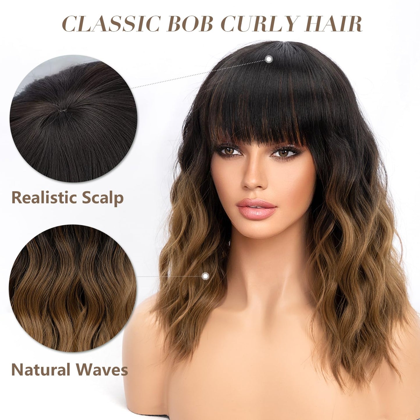 HIGH VERTEX Short Wavy Wig with Bangs for Women Shoulder Length Bob Curly Women's Charming Synthetic Wigs with Natural Wavy Black To Brown Heat Resistant Hair for Daily Party Use