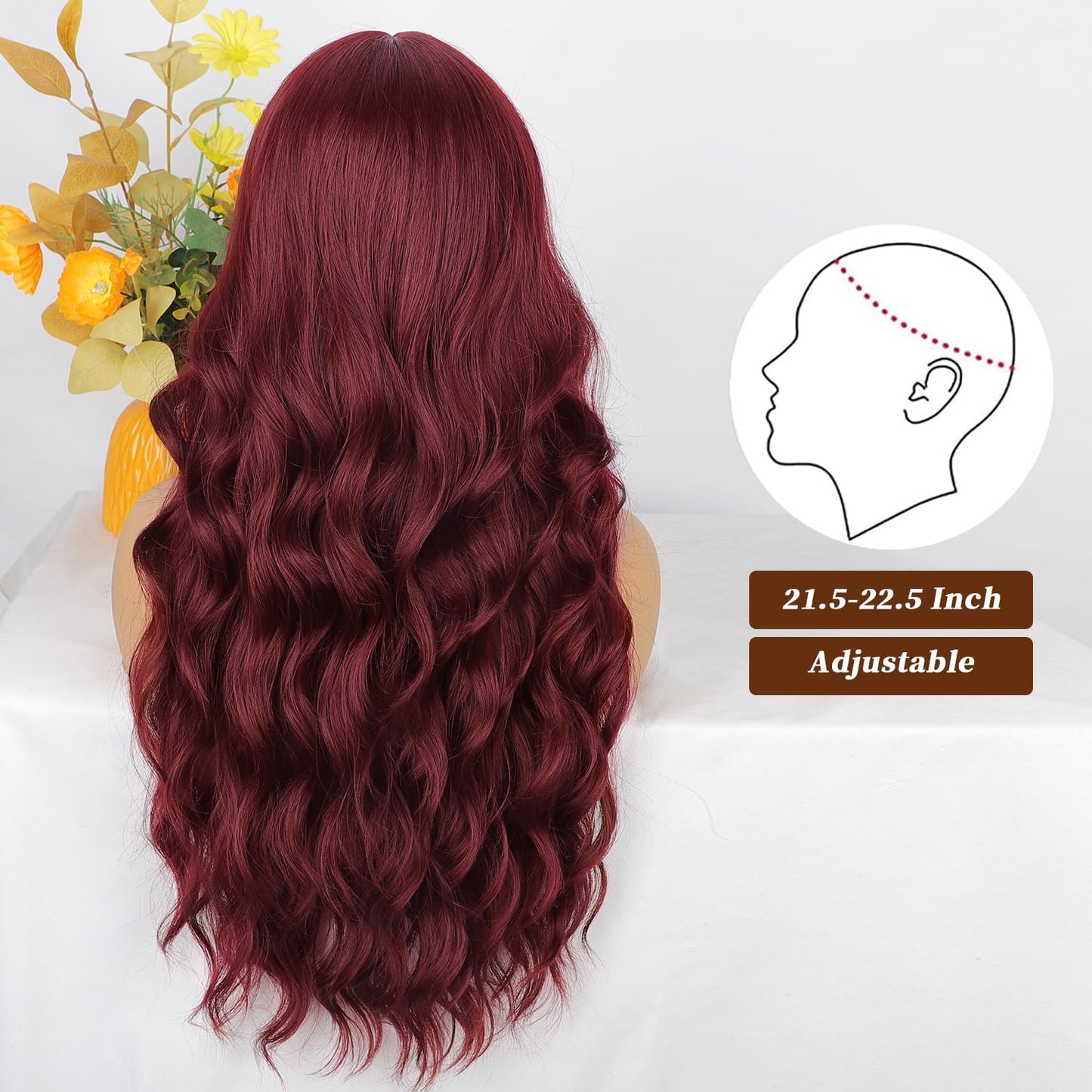 MONOTOP HAIR  Wine Red Wig with Bangs Long Wavy Wigs for Women Curly Synthetic Heat Resistant Fibre Burgundy Wigs for Girls Daily Party Use 26 Inches