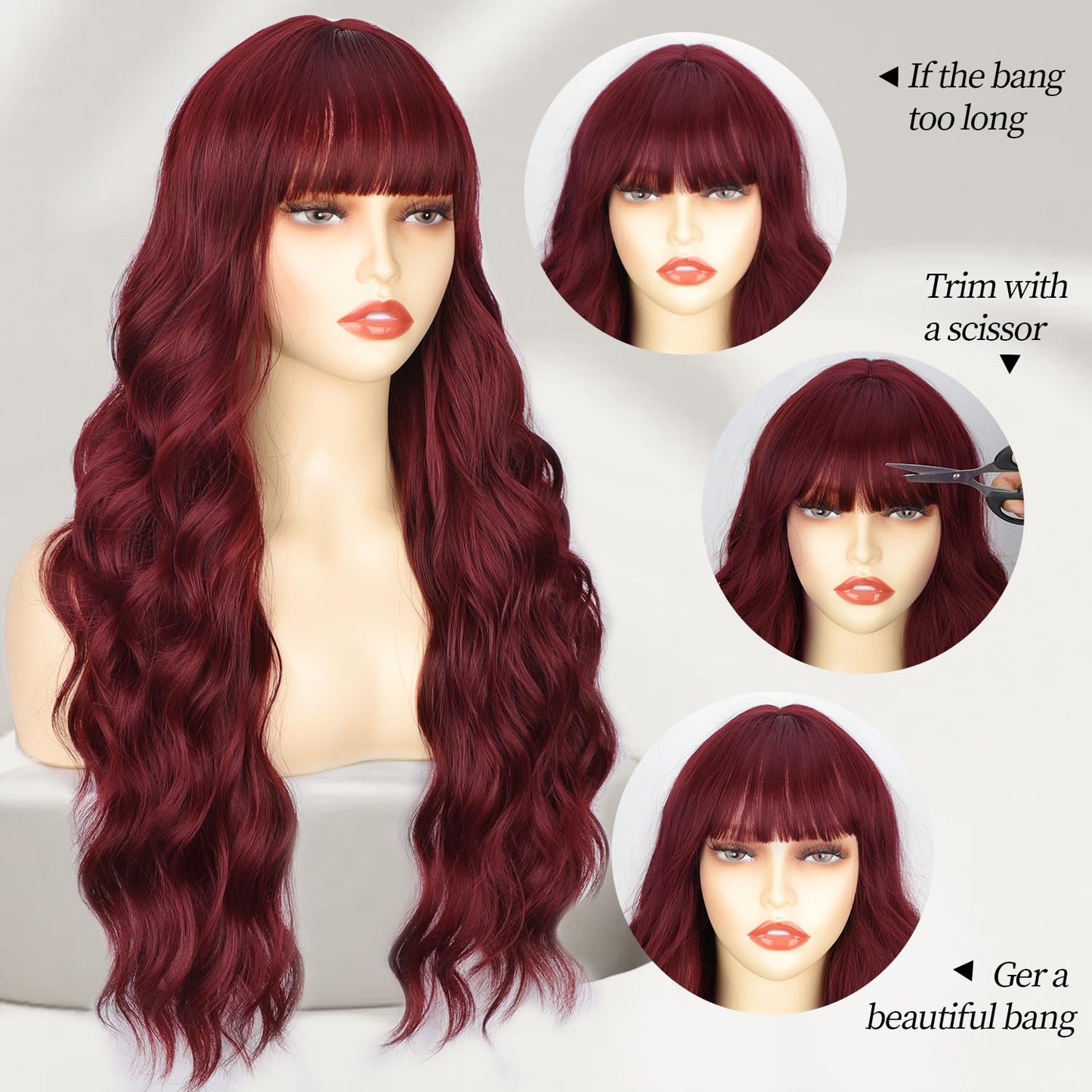 MONOTOP HAIR  Wine Red Wig with Bangs Long Wavy Wigs for Women Curly Synthetic Heat Resistant Fibre Burgundy Wigs for Girls Daily Party Use 26 Inches