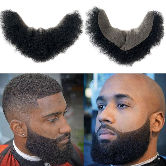 HAIRCUBE Human Hair Afro Curl Face Beard Mustache for American Black Men Realistic Makeup Lace Base Replace System 12 * 3Inch (1B Black Color)