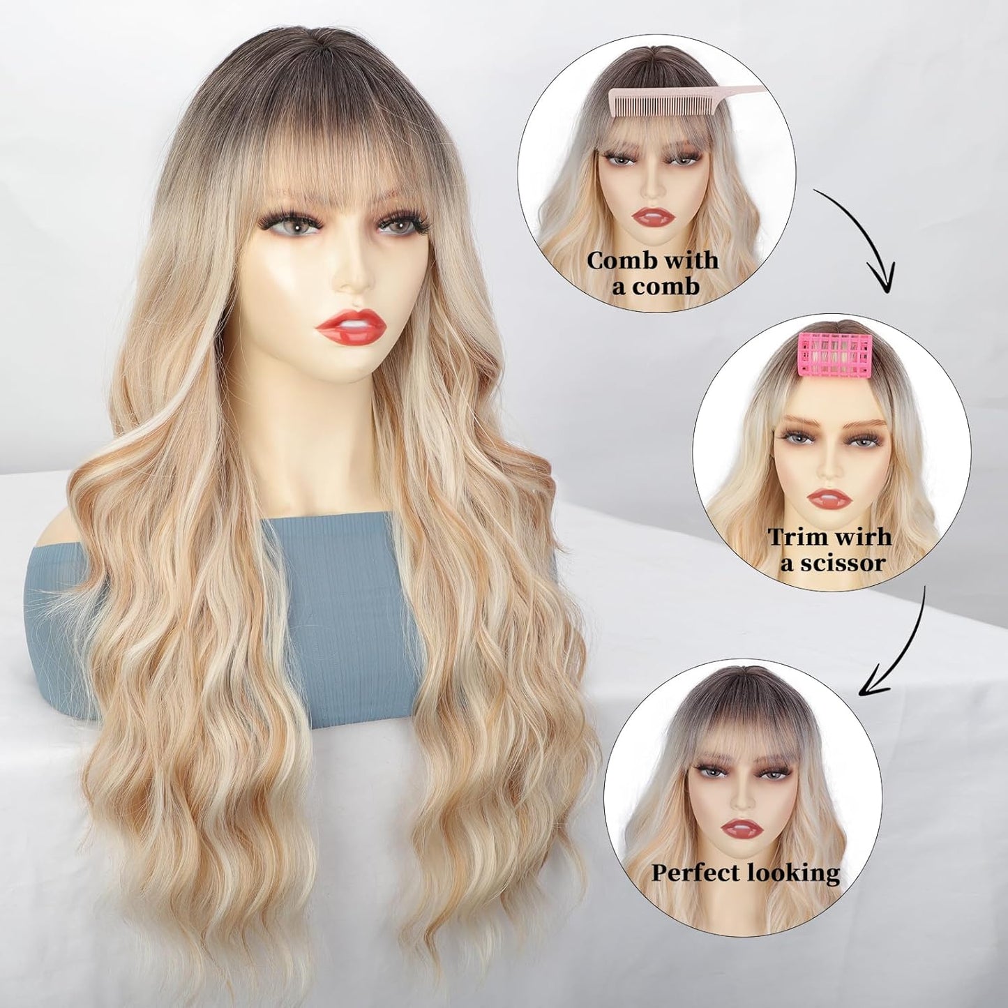 BYEBYE KNOT Ombre Blonde Wig With Bangs Long Wavy Curly Blonde Wig with Dark Roots Heat Resistant Synthetic Wigs for Women Daily Use 26 Inches