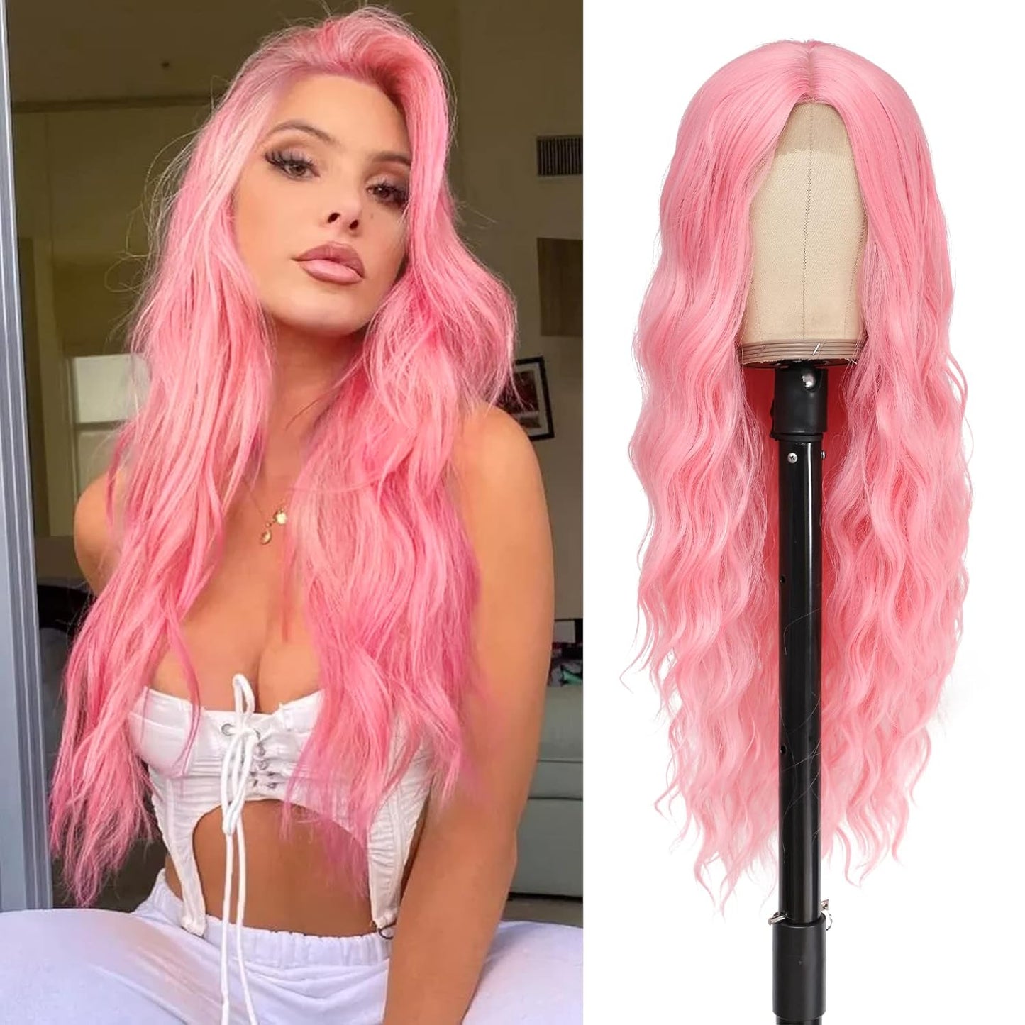 TOUCH WOOD Cosplay Long Pink Wig 28 Inch Middle Part Synthetic Wig Realistic Gifts Party Wigs for Women Daily Use Colorful Wigs (Pink)