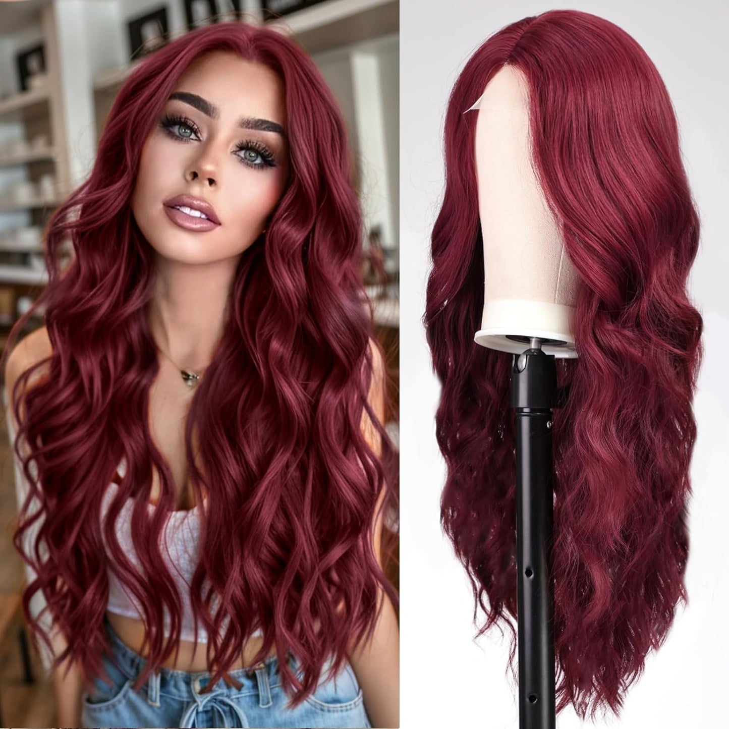 MONOTOP HAIR Long Wine Red Wavy Wig for Women Lace Front Wigs Natural Looking 26 Inch Middle Part Curly Wig Heat Resistant Synthetic Wigs for Daily Party Use