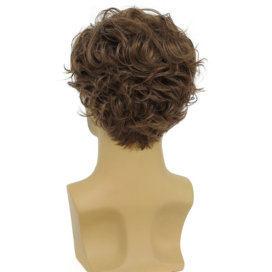 BLONDE UNICORN Short Brown Wigs for Men Curly Layered Natural Looking Side Part Hair Heat Resistant Synthetic Wigs with Wig Cap (Brown)