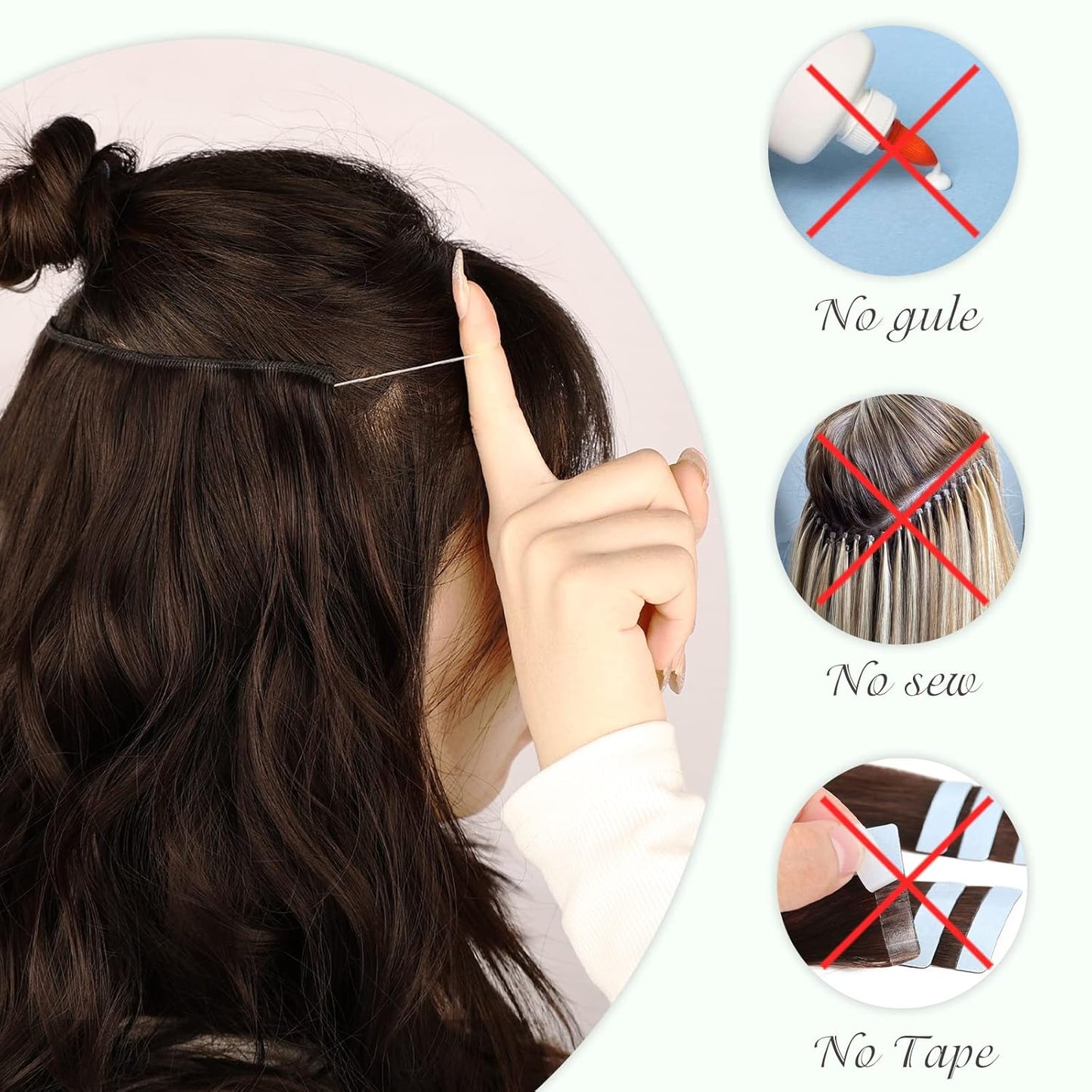 TOUCH WOOD Invisible Wire Hair Extensions - 20 Inch Natural Black Long Wavy Synthetic Hairpiece with Transparent Wire Adjustable Size, 4 Secure Clips for Women