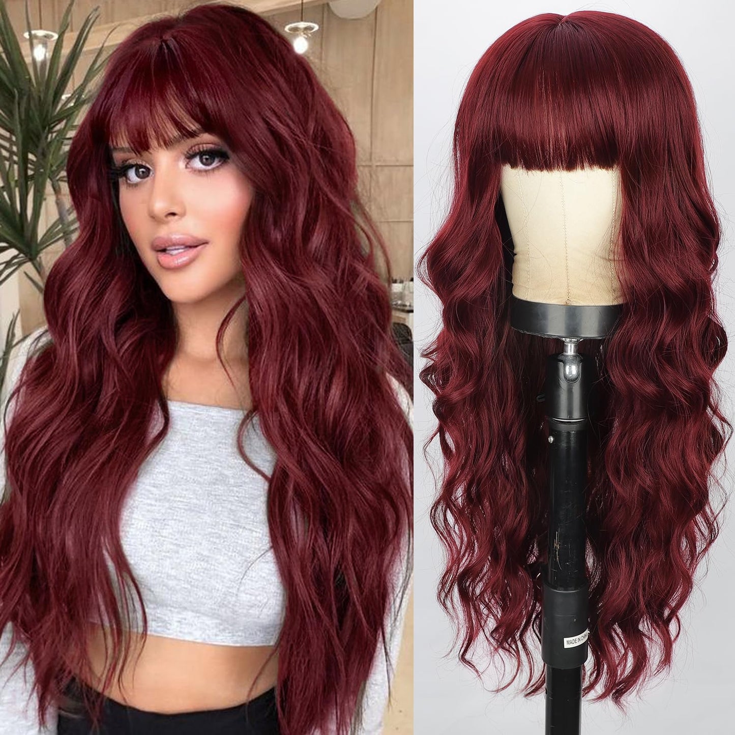 MONOTOP HAIR  Wine Red Wig with Bangs Long Wavy Wigs for Women Curly Synthetic Heat Resistant Fibre Burgundy Wigs for Girls Daily Party Use 26 Inches