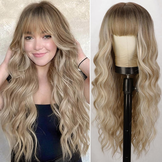 TRANSPARENCY KNOT Dirty Blonde Wig With Bangs Long Wavy Curly Ombre Blonde Wig with Dark Roots Synthetic Heat Resistant Wigs for Women Daily Party Use 26 Inches