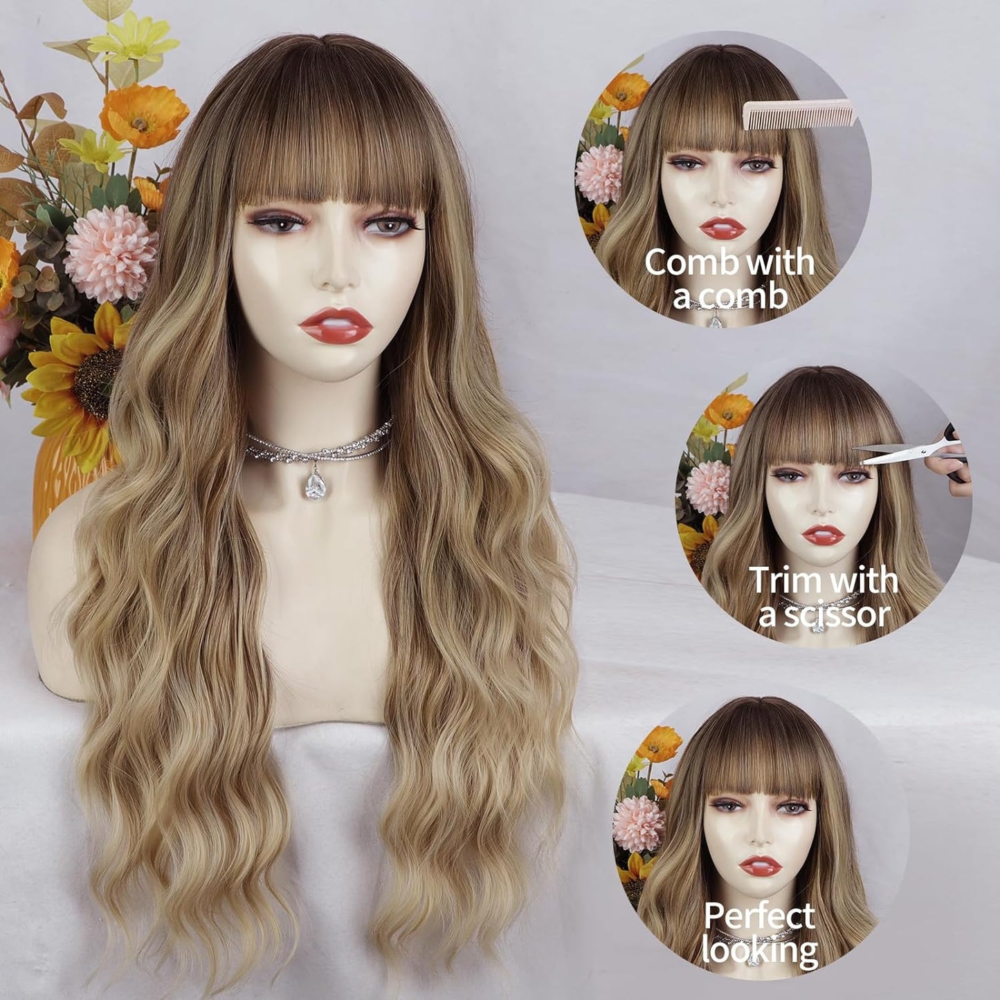 KNOT FREE  Blonde Wig With Bangs Long Wavy Curly Ombre Wig with Dark Root Synthetic Heat Resistant Wigs for Women Daily Party Use 26 Inches