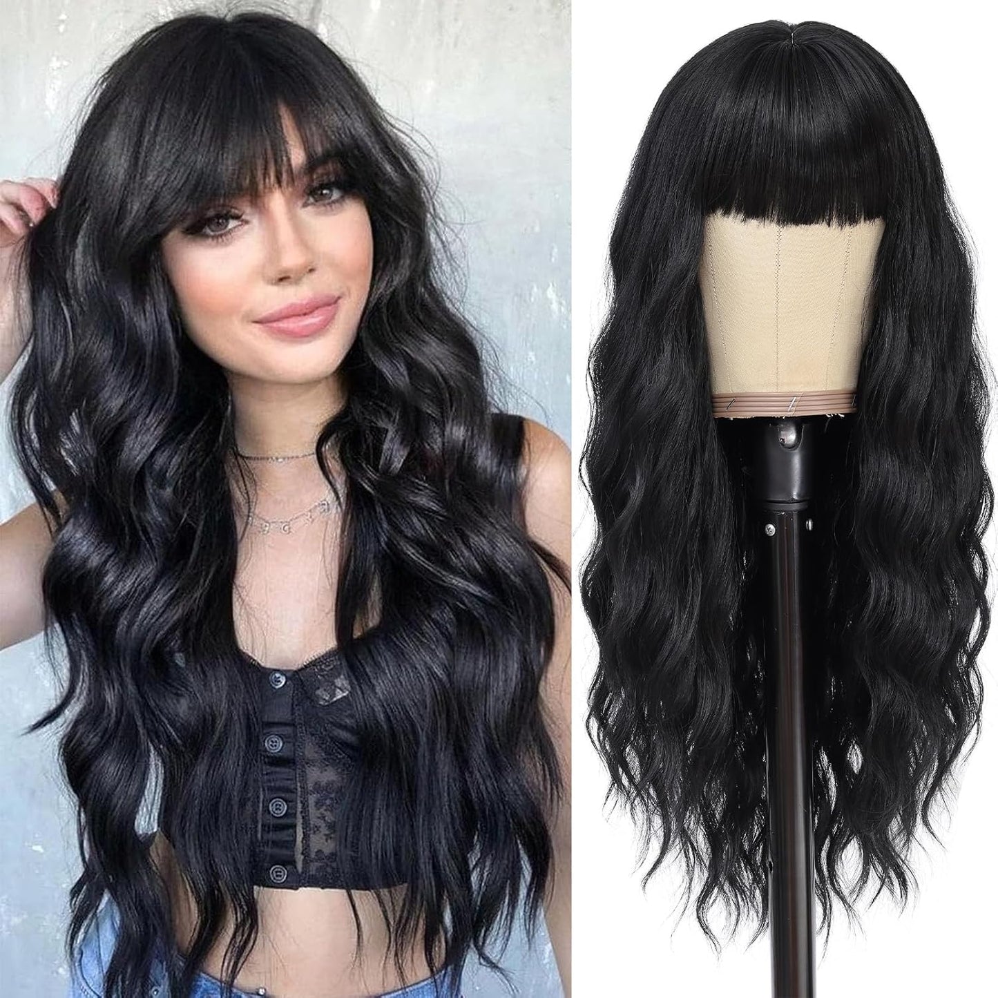 TOUCH WOOD  Long Wavy Wigs with Bangs Black Wigs for Women Synthetic Heat Resistant Wig 26 Inches Natural Looking Realistic Wigs for Daily Party Use（Black）