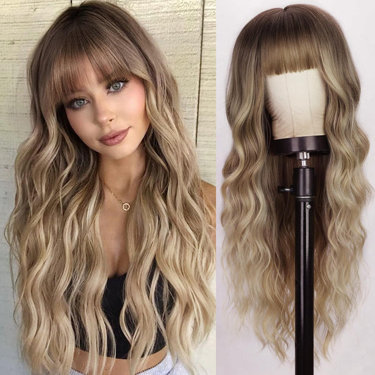 KNOT FREE  Blonde Wig With Bangs Long Wavy Curly Ombre Wig with Dark Root Synthetic Heat Resistant Wigs for Women Daily Party Use 26 Inches