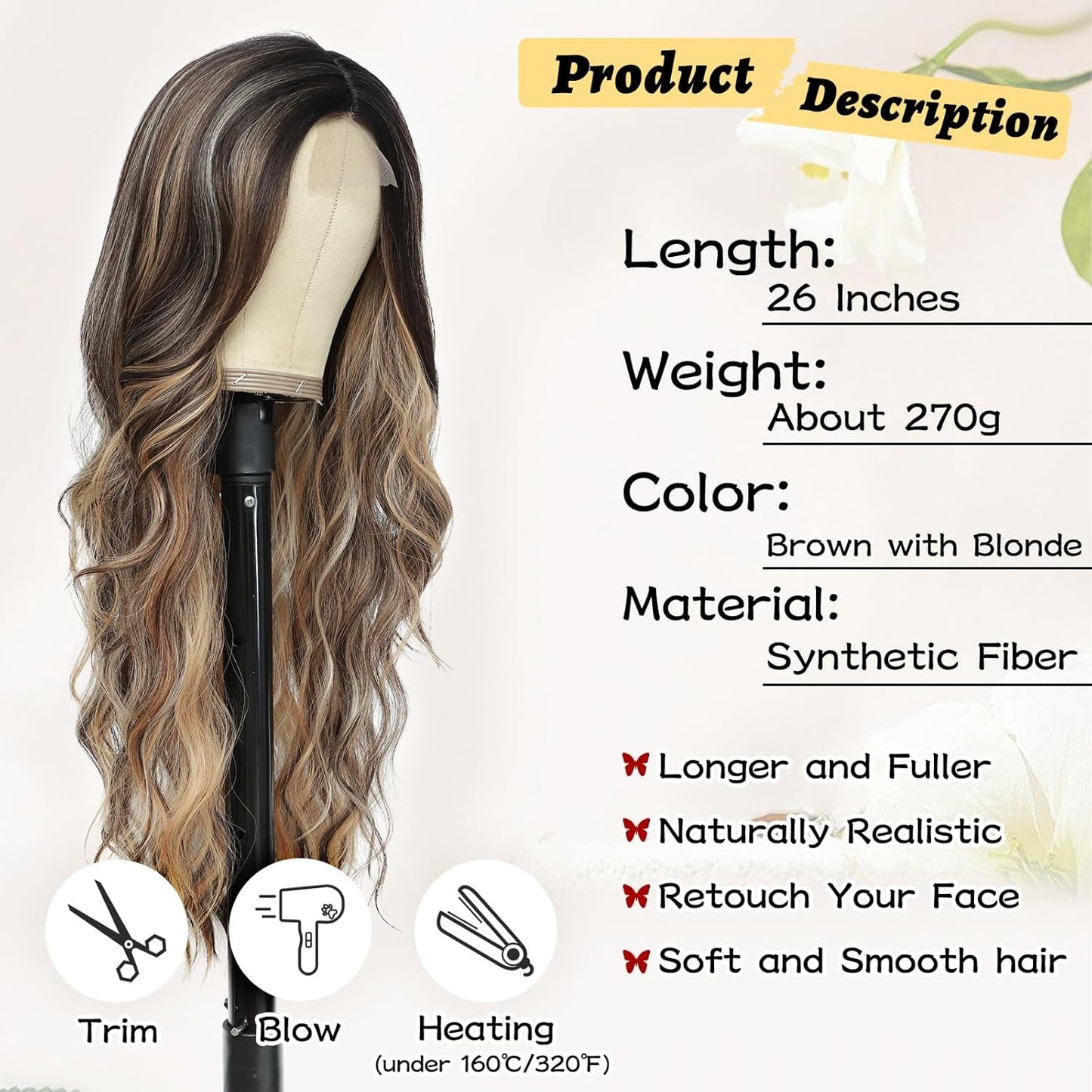 MONOTOP HAIR  Long wavy Wigs for Women Middle Part Wavy Curly Wig with Dark Roots Synthetic Heat Resistant Fiber Women Wigs for Daily Party Use (Brown with Blonde)