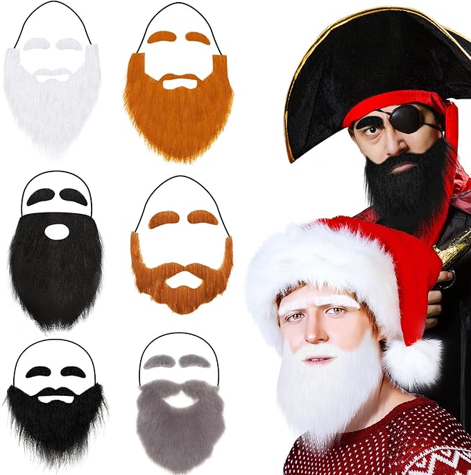 KNOT FREE 6 Pieces Fake Beards with Eyebrows Funny False Mustaches Stick on Fake Whiskers Self Adhesive Halloween Christmas Beards for Adults and Kids Costume Party Cosplay Facial Supplies (Long Style,Large)