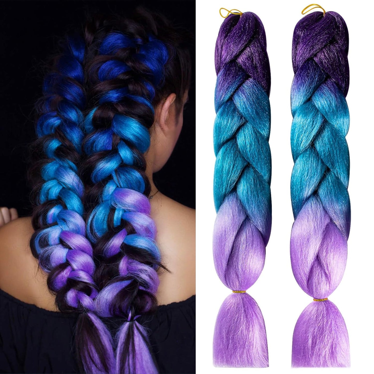 MONOTOP HAIR 2 Pack Jumbo Braiding Hair - 24Inch purple-lake blue-light purple Braiding Hair Synthetic Hair Extensions Rainbow Braiding Hair High Temperature Synthetic braiding hair Wedding Makeup Styling