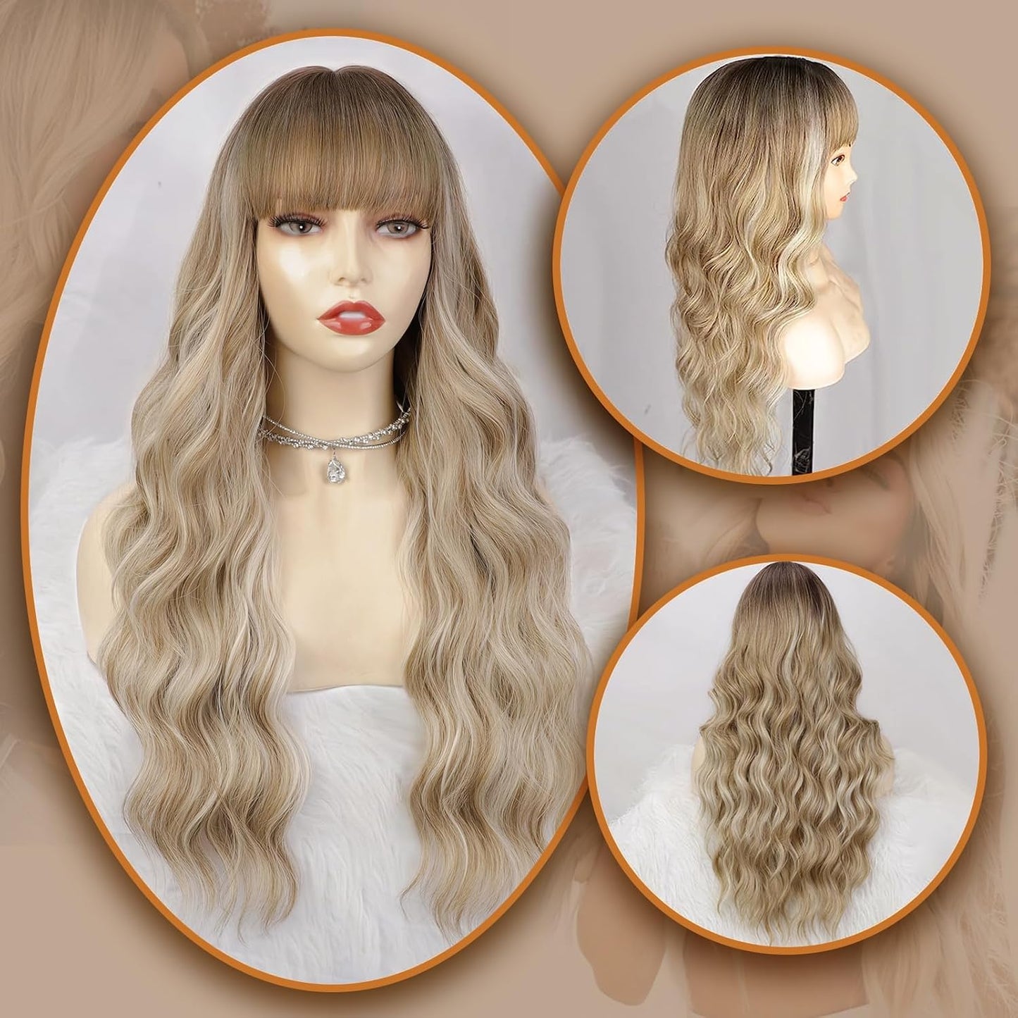 TRANSPARENCY KNOT Dirty Blonde Wig With Bangs Long Wavy Curly Ombre Blonde Wig with Dark Roots Synthetic Heat Resistant Wigs for Women Daily Party Use 26 Inches