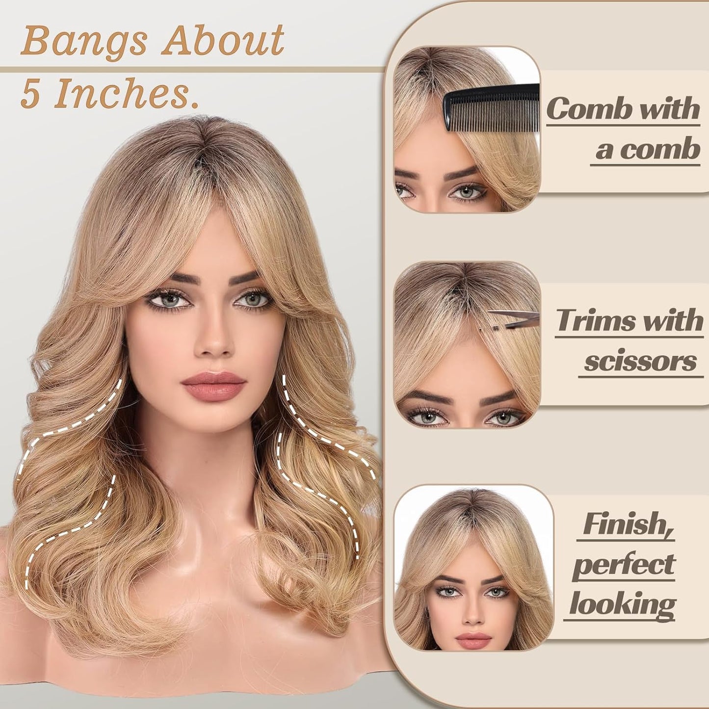 MONOTOP HAIR Short Curly Wigs with Fringe，Wavy Bob Wigs for Women Heat Resistant Synthetic Blonde Wigs Shoulder Length Wigs Natural Looking（Mixed Blonde with Dark Roots