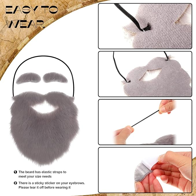 KNOT FREE 6 Pieces Fake Beards with Eyebrows Funny False Mustaches Stick on Fake Whiskers Self Adhesive Halloween Christmas Beards for Adults and Kids Costume Party Cosplay Facial Supplies (Long Style,Large)