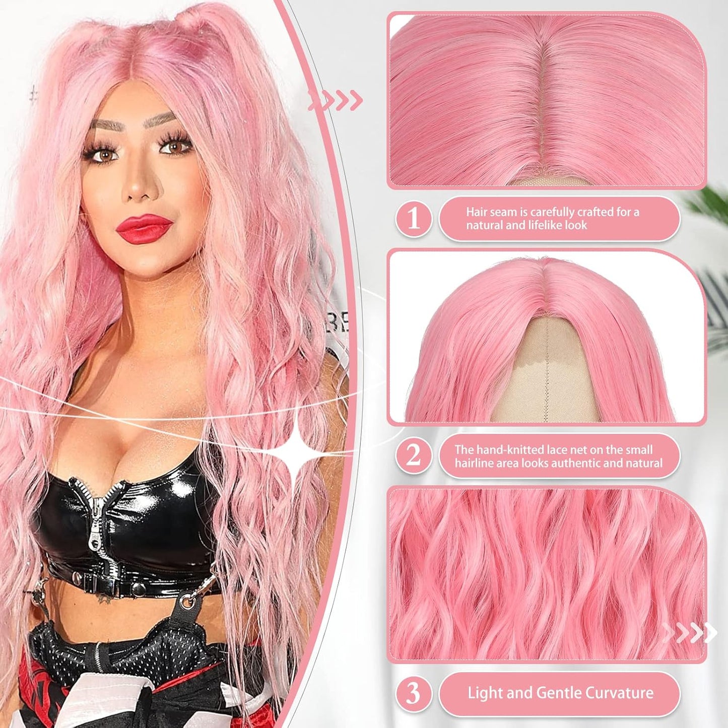 TOUCH WOOD Cosplay Long Pink Wig 28 Inch Middle Part Synthetic Wig Realistic Gifts Party Wigs for Women Daily Use Colorful Wigs (Pink)