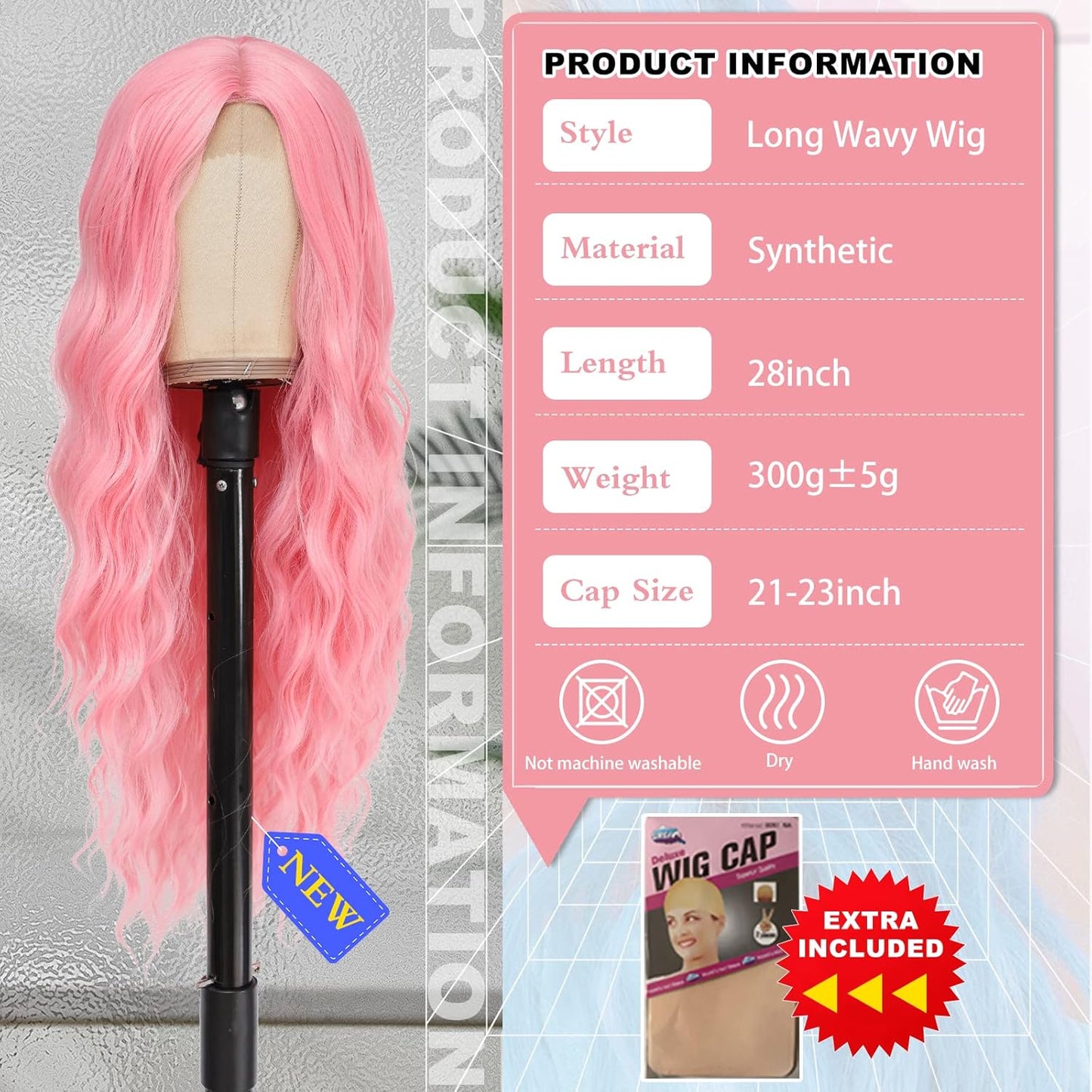 TOUCH WOOD Cosplay Long Pink Wig 28 Inch Middle Part Synthetic Wig Realistic Gifts Party Wigs for Women Daily Use Colorful Wigs (Pink)