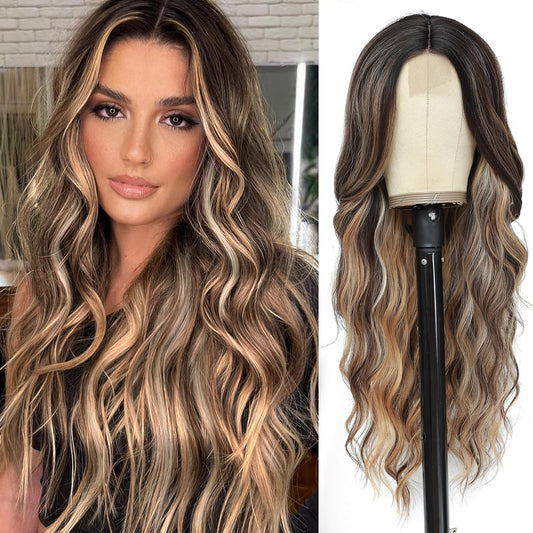 MONOTOP HAIR  Long wavy Wigs for Women Middle Part Wavy Curly Wig with Dark Roots Synthetic Heat Resistant Fiber Women Wigs for Daily Party Use (Brown with Blonde)