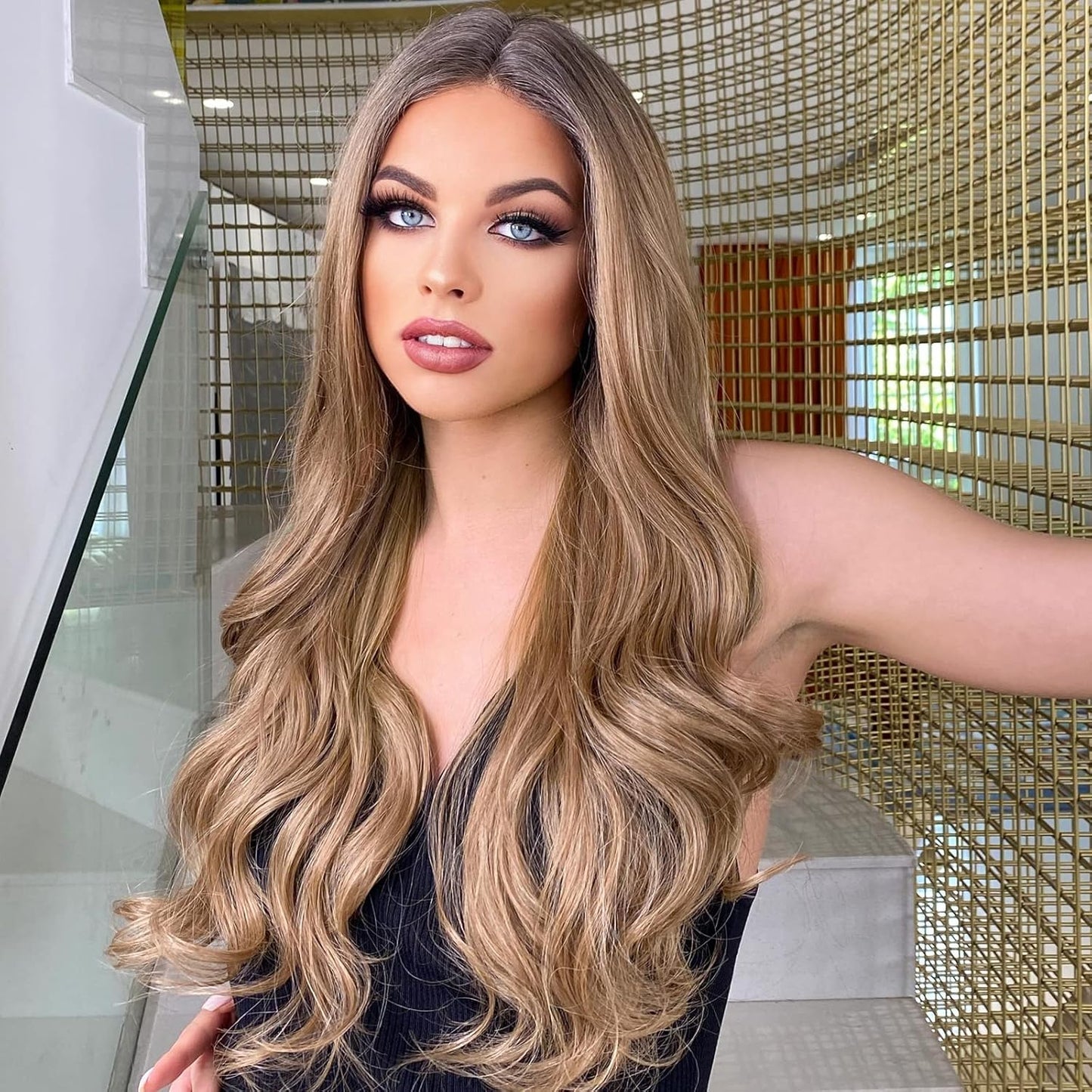 KNOT-FREE Long Ash Blonde Lace Front Wig for Women, 25 Inch Natural Wavy Daily Hair Synthetic Lace Wigs Middle Part,Hand Tied/Longlife/Lightweight