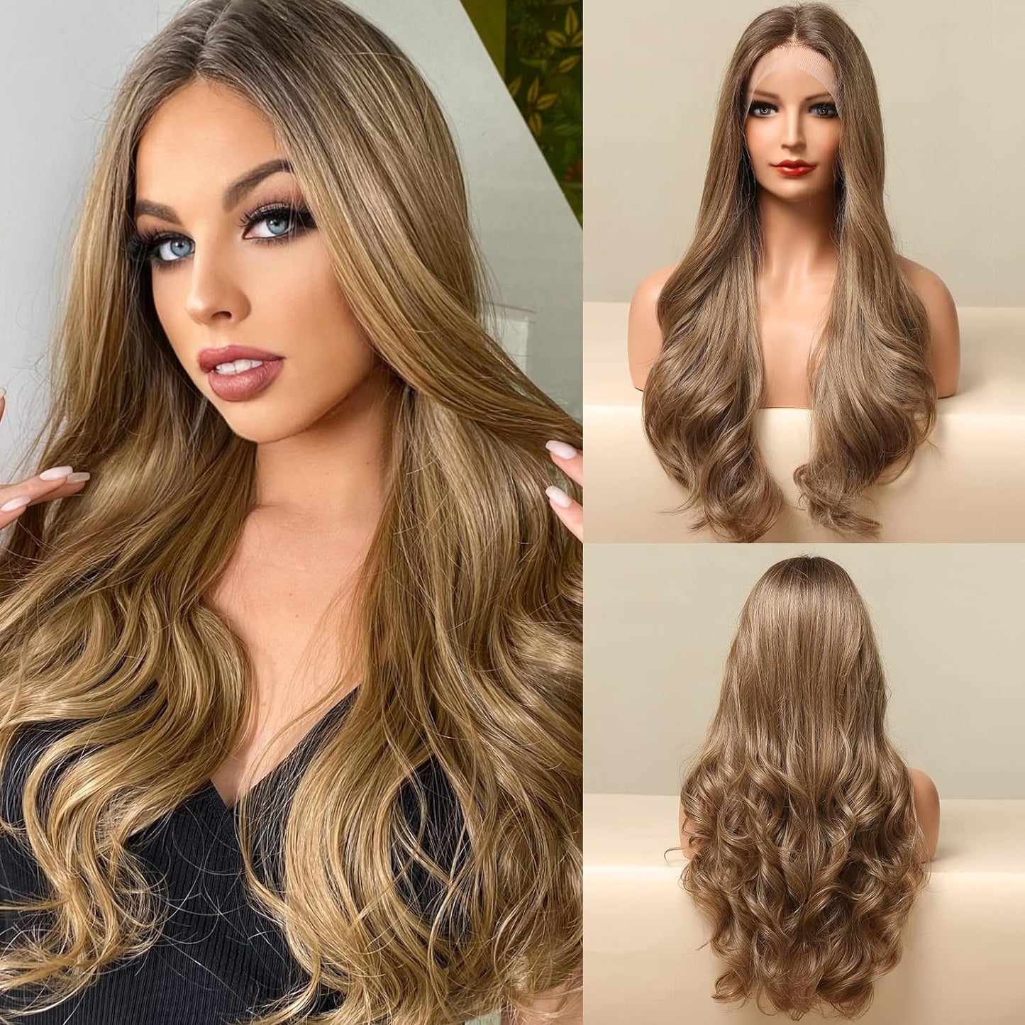 KNOT-FREE Long Ash Blonde Lace Front Wig for Women, 25 Inch Natural Wavy Daily Hair Synthetic Lace Wigs Middle Part,Hand Tied/Longlife/Lightweight