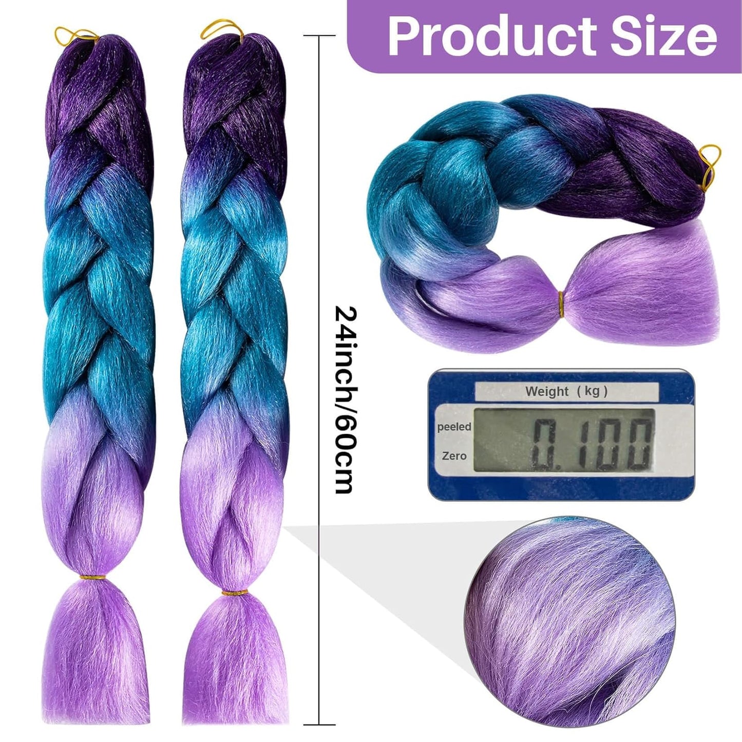 MONOTOP HAIR 2 Pack Jumbo Braiding Hair - 24Inch purple-lake blue-light purple Braiding Hair Synthetic Hair Extensions Rainbow Braiding Hair High Temperature Synthetic braiding hair Wedding Makeup Styling