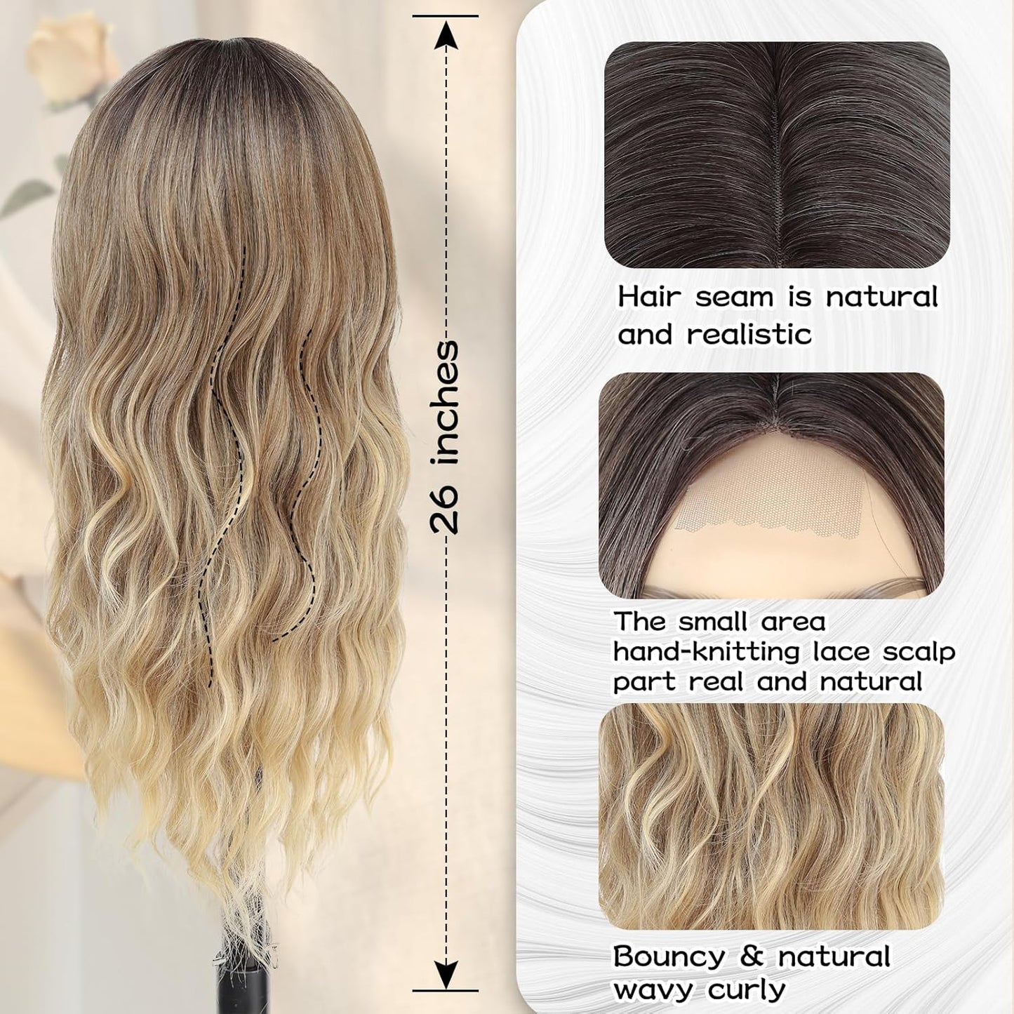 HAIRCUBE Long Ombre Blonde Wavy Wig for Women Synthetic Curly Middle Part Wig Natural Looking Heat Resistant Fibre for Daily Party Use 26 Inch (Ombre Blonde)