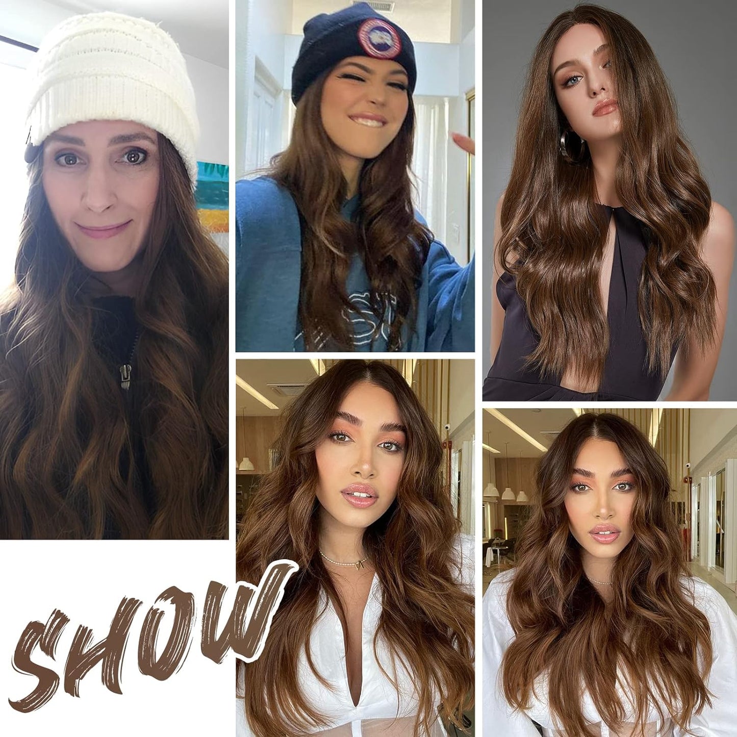 KNOT-FREE Long Brown Lace Front Wig for Women, 25 Inch Natural Hair Wavy Synthetic Wigs Middle Part Daily Hair Hand Tied/Longlife/Lightweight