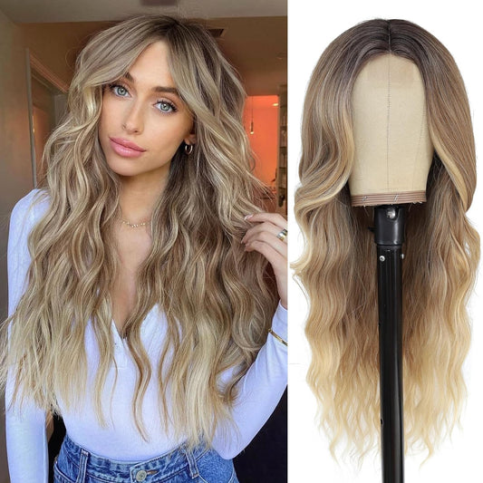 HAIRCUBE Long Ombre Blonde Wavy Wig for Women Synthetic Curly Middle Part Wig Natural Looking Heat Resistant Fibre for Daily Party Use 26 Inch (Ombre Blonde)