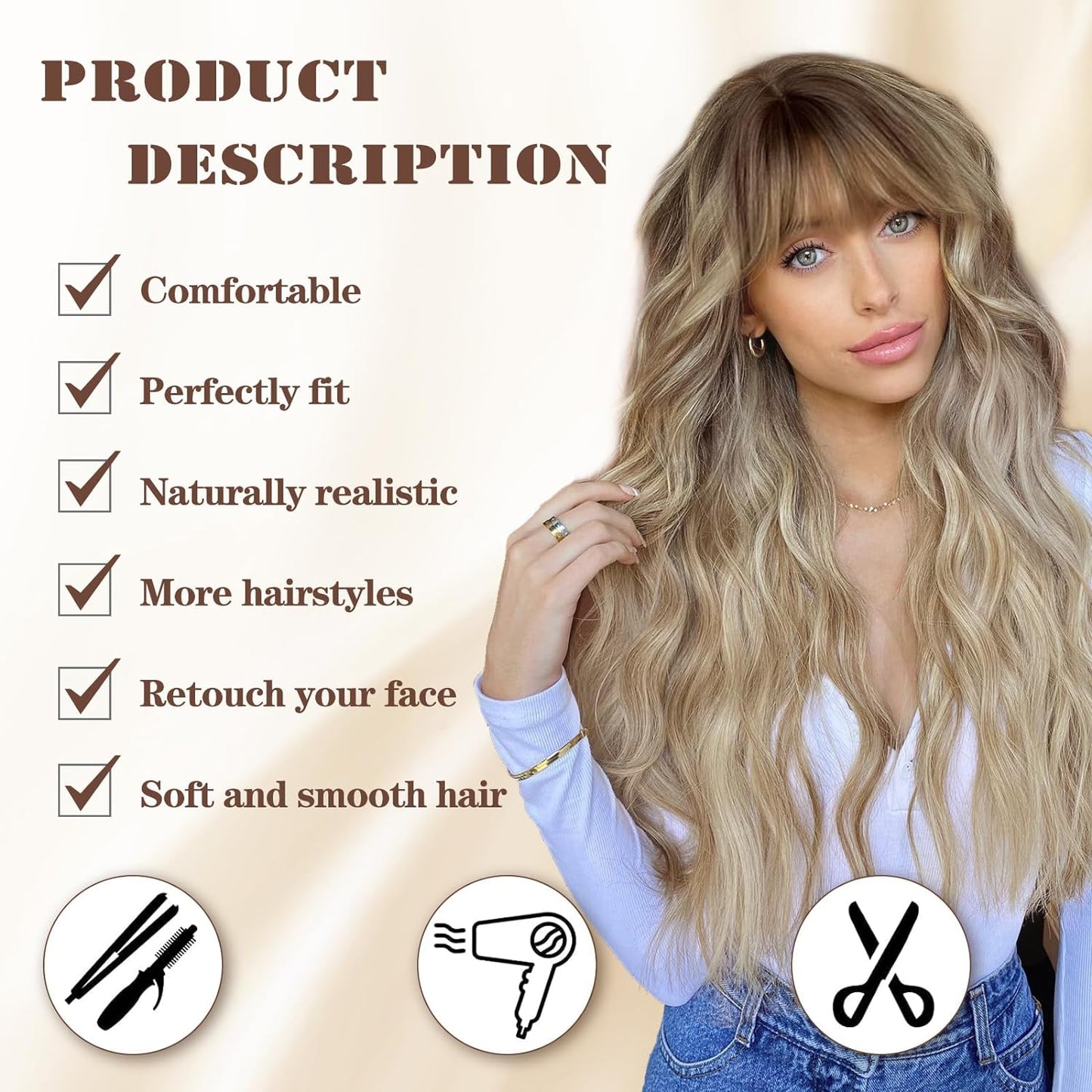 TRANSPARENCY KNOT Dirty Blonde Wig With Bangs Long Wavy Curly Ombre Blonde Wig with Dark Roots Synthetic Heat Resistant Wigs for Women Daily Party Use 26 Inches