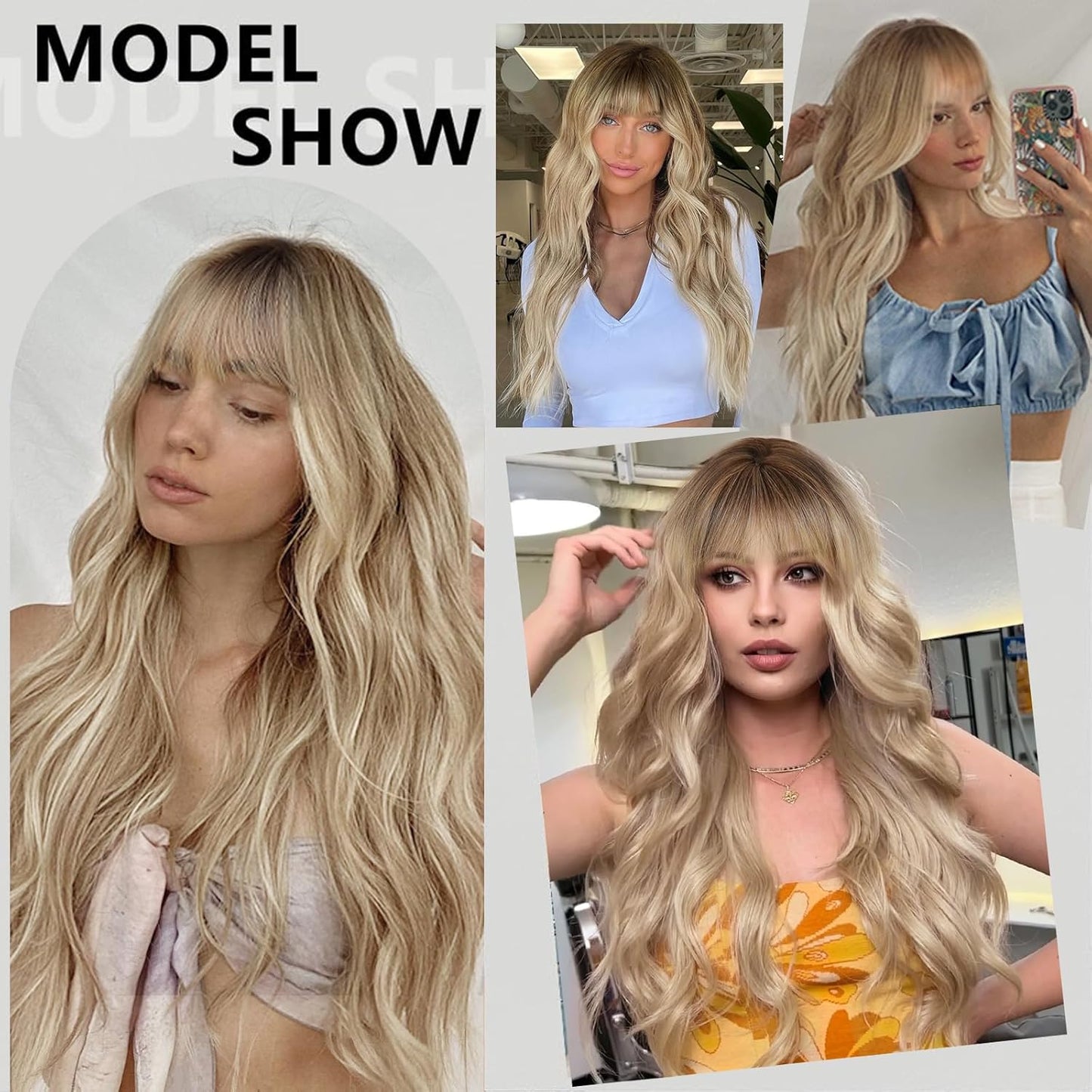 TRANSPARENCY KNOT Dirty Blonde Wig With Bangs Long Wavy Curly Ombre Blonde Wig with Dark Roots Synthetic Heat Resistant Wigs for Women Daily Party Use 26 Inches