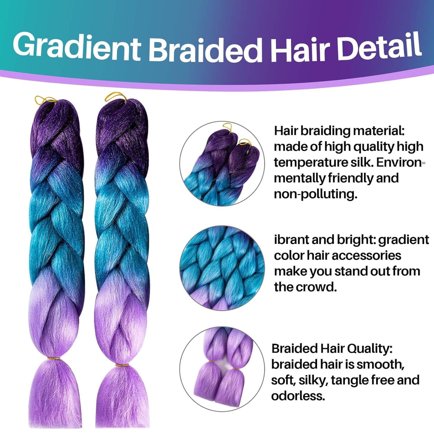 MONOTOP HAIR 2 Pack Jumbo Braiding Hair - 24Inch purple-lake blue-light purple Braiding Hair Synthetic Hair Extensions Rainbow Braiding Hair High Temperature Synthetic braiding hair Wedding Makeup Styling