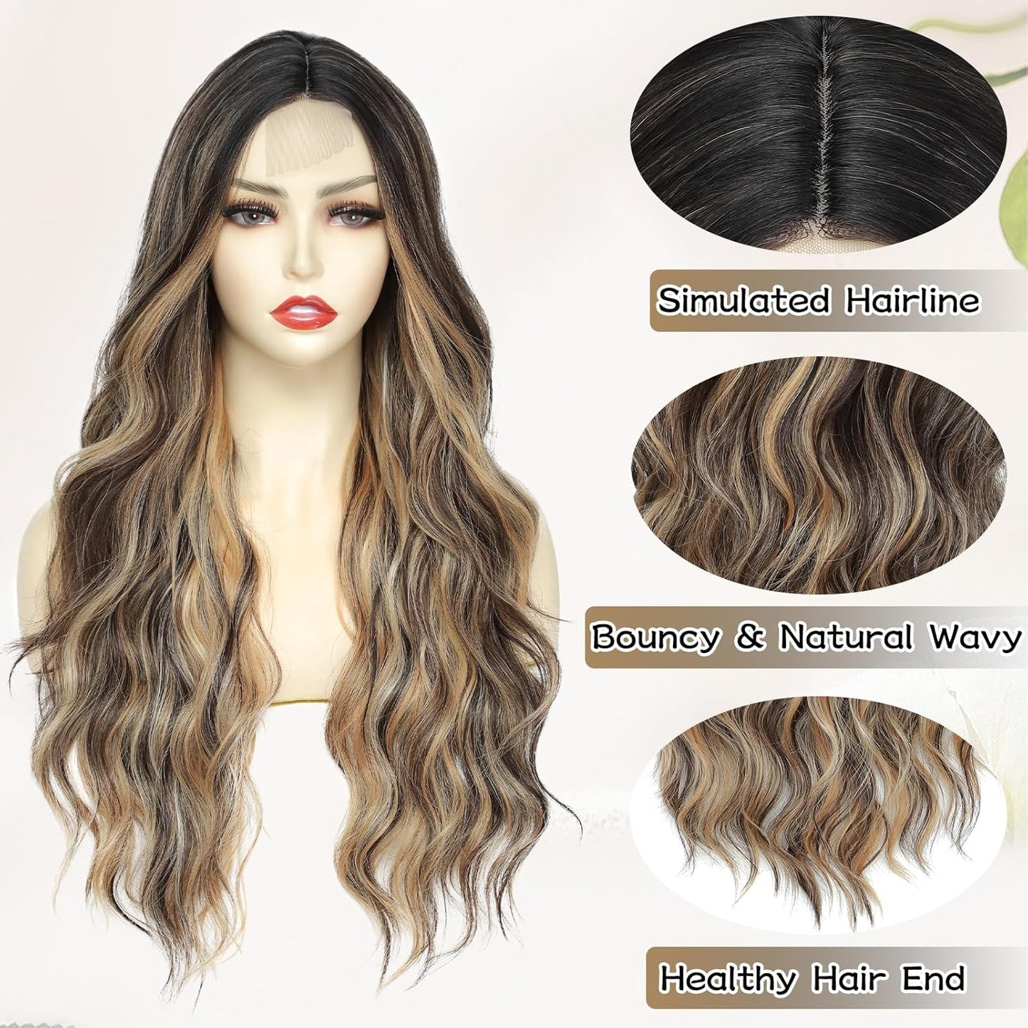 MONOTOP HAIR  Long wavy Wigs for Women Middle Part Wavy Curly Wig with Dark Roots Synthetic Heat Resistant Fiber Women Wigs for Daily Party Use (Brown with Blonde)